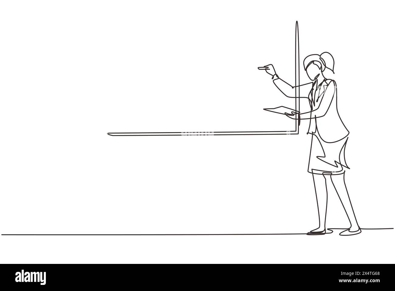 Simple une ligne dessinant une enseignante de femme d'affaires debout devant le tableau blanc, tenant le livre et écrivant la stratégie et les tactiques de plan d'affaires Theor Illustration de Vecteur