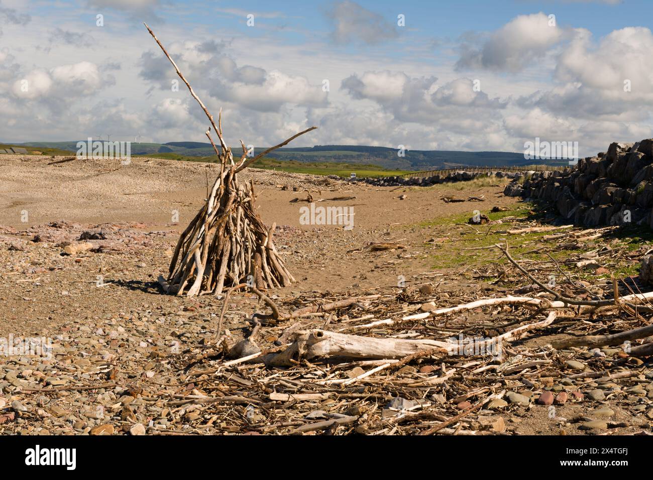 Une peau faite de bois flotté sur Pink Bay près de Porthcawl, Royaume-Uni Banque D'Images