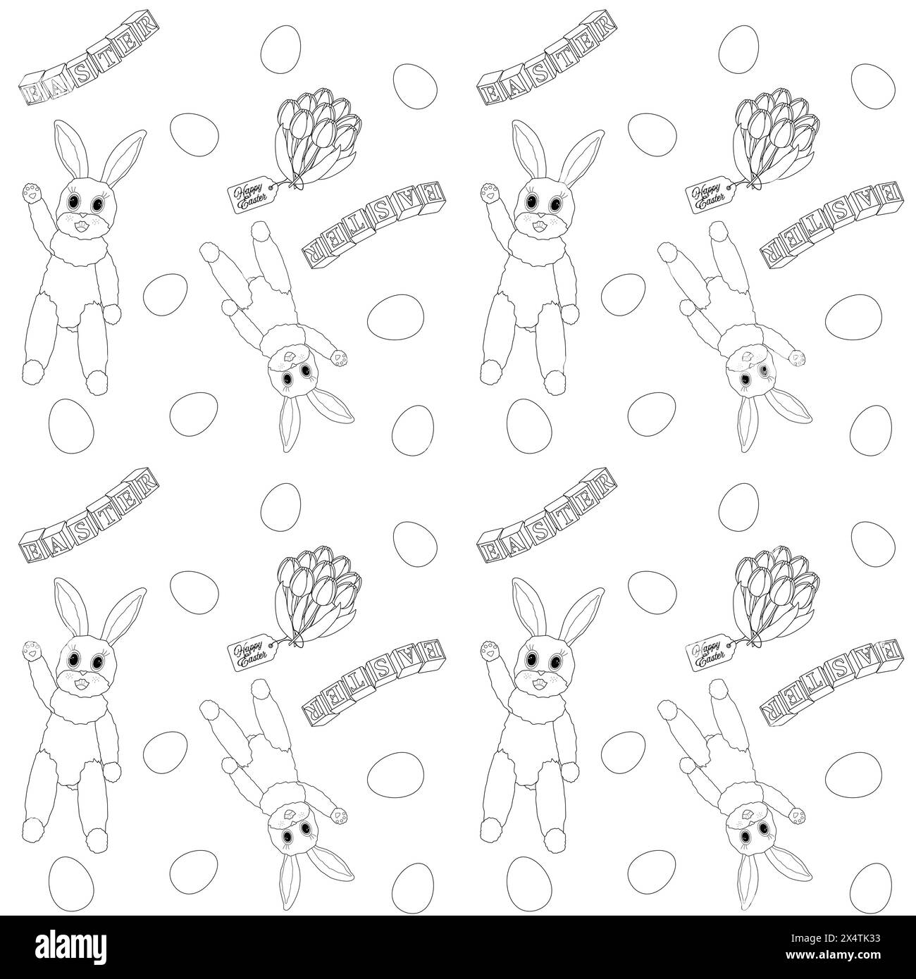 Oeufs de Pâques, lapins, bouquet de tulipes et blocs d'enfants avec le mot Pâques. Jolies pages de coloriage de Pâques pour enfants. Tracé de contour vectoriel Illustration de Vecteur