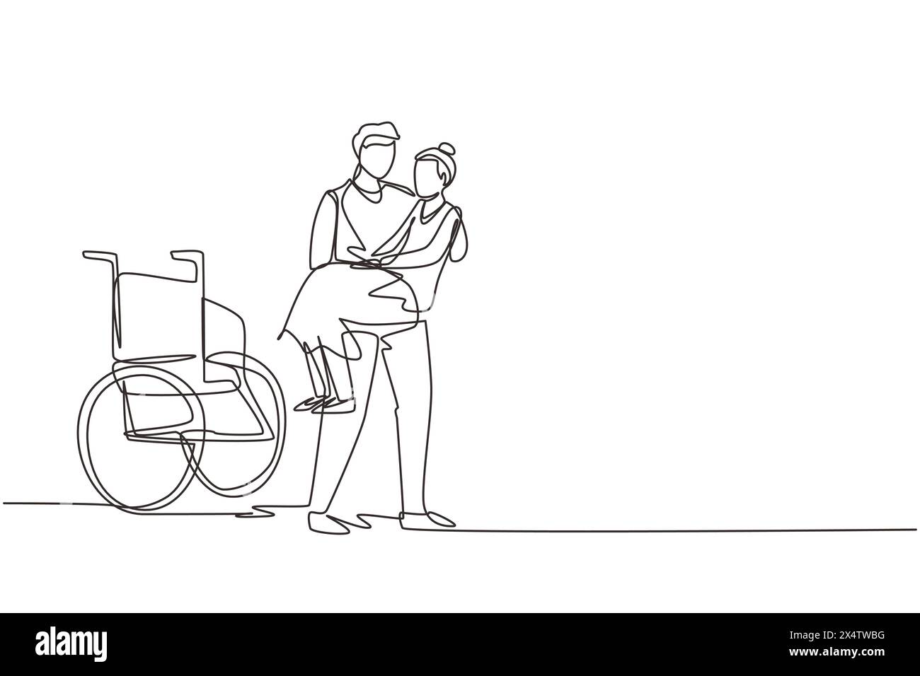 Un seul trait continu dessinant Loving son a pris sa vieille mère handicapée du fauteuil roulant la portant dans ses bras. Heureuse dame senior dans les câlins de son stro Illustration de Vecteur