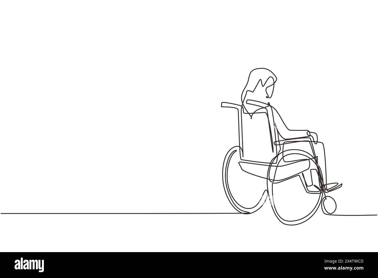 Simple une ligne dessinant le côté arrière d'une vieille femme solitaire assise sur un fauteuil roulant et regardant les feuilles d'automne sèches éloignées à l'extérieur. Solitaire, malheureux, deso Illustration de Vecteur