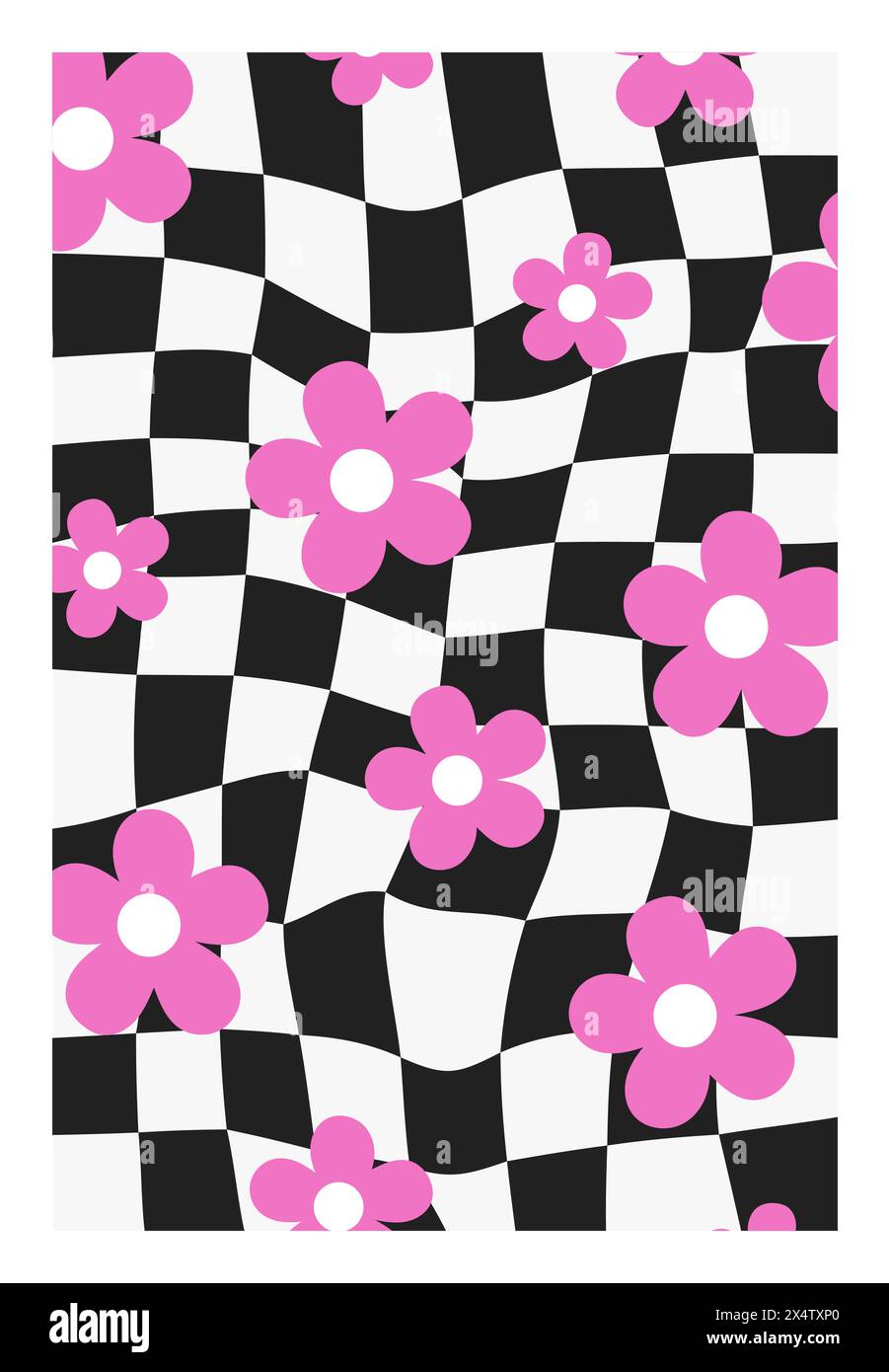 Checkerboard psychédélique. Fond groovy de vagues avec des fleurs funky. Fond d'écran hippie dans le style Y2K. Illustration vectorielle rétro. Géométrie déformée Illustration de Vecteur