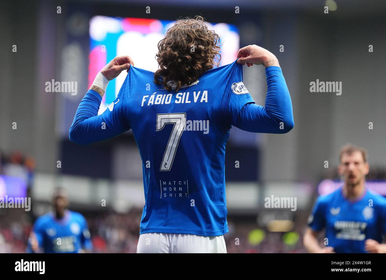 Fabio Silva des Rangers célèbre avoir marqué son premier but du match lors du Cinch Premiership match au Ibrox Stadium de Glasgow. Date de la photo : dimanche 5 mai 2024. Banque D'Images