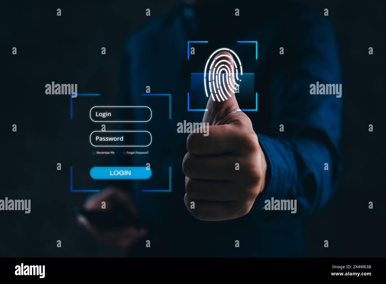 Homme avec la technologie d'authentification par empreinte digitale pour une connexion sécurisée sur la cybersécurité de l'interface numérique Banque D'Images