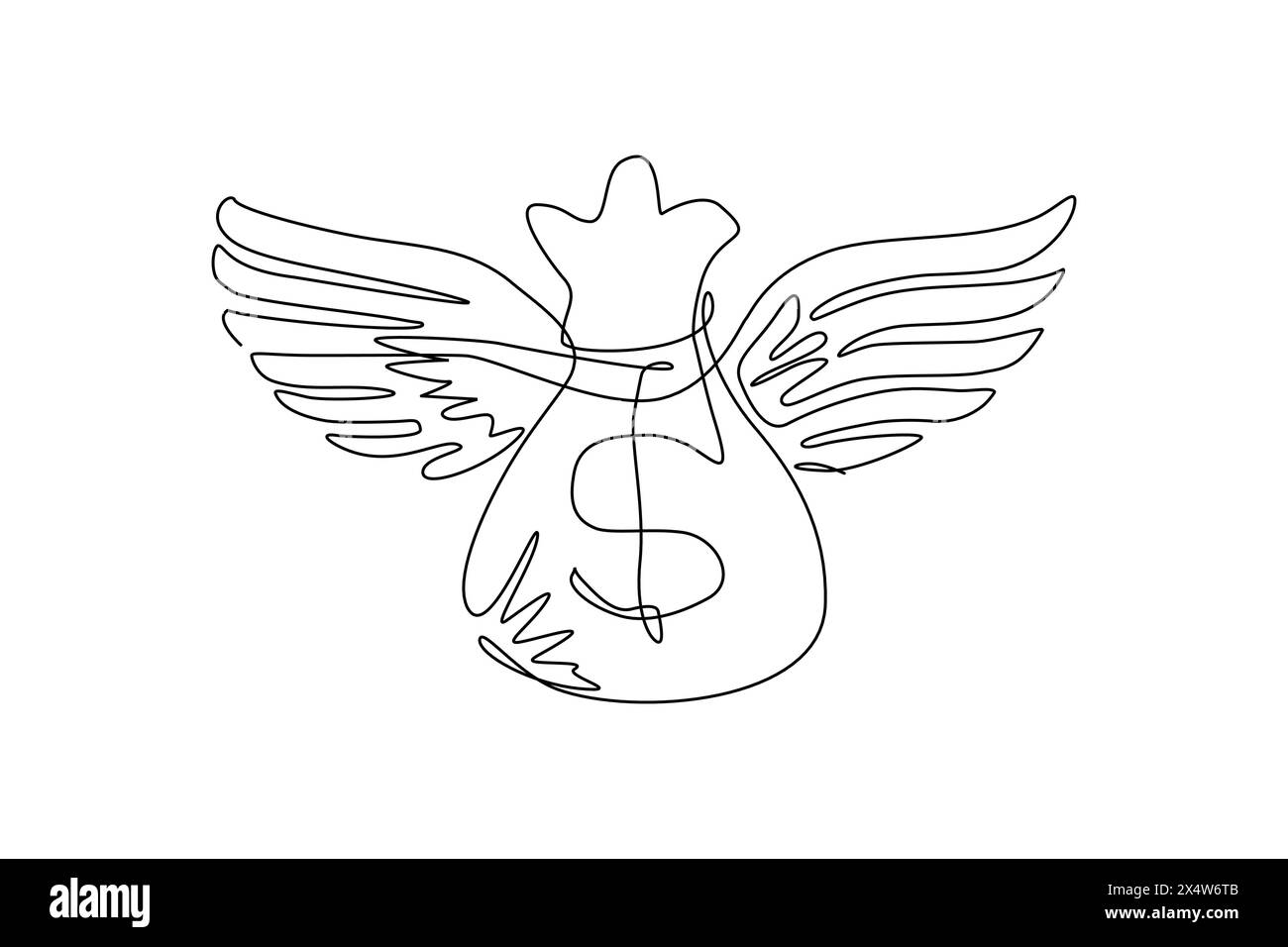 Un seul sac d'argent de dessin d'une ligne volant avec des ailes. Icône de sac d'argent dollar. Sac avec de l'argent avec des ailes, signe dollar, mouches et paillettes. Continue moderne Illustration de Vecteur