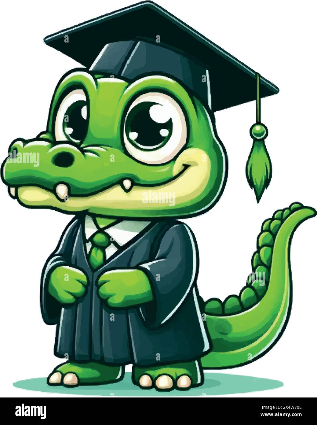 Crocodile de dessin animé orné d'une robe noire et d'un chapeau pour la remise des diplômes. Illustration de Vecteur