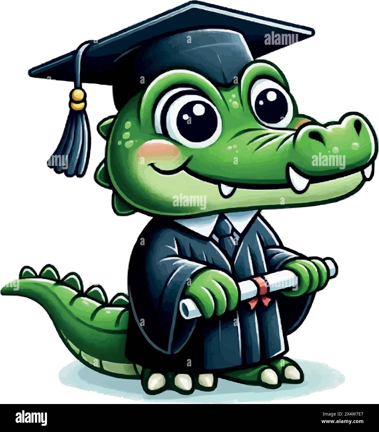 Le crocodile noir de dessin animé vêtu d'une robe de graduation est titulaire d'un diplôme. Illustration de Vecteur
