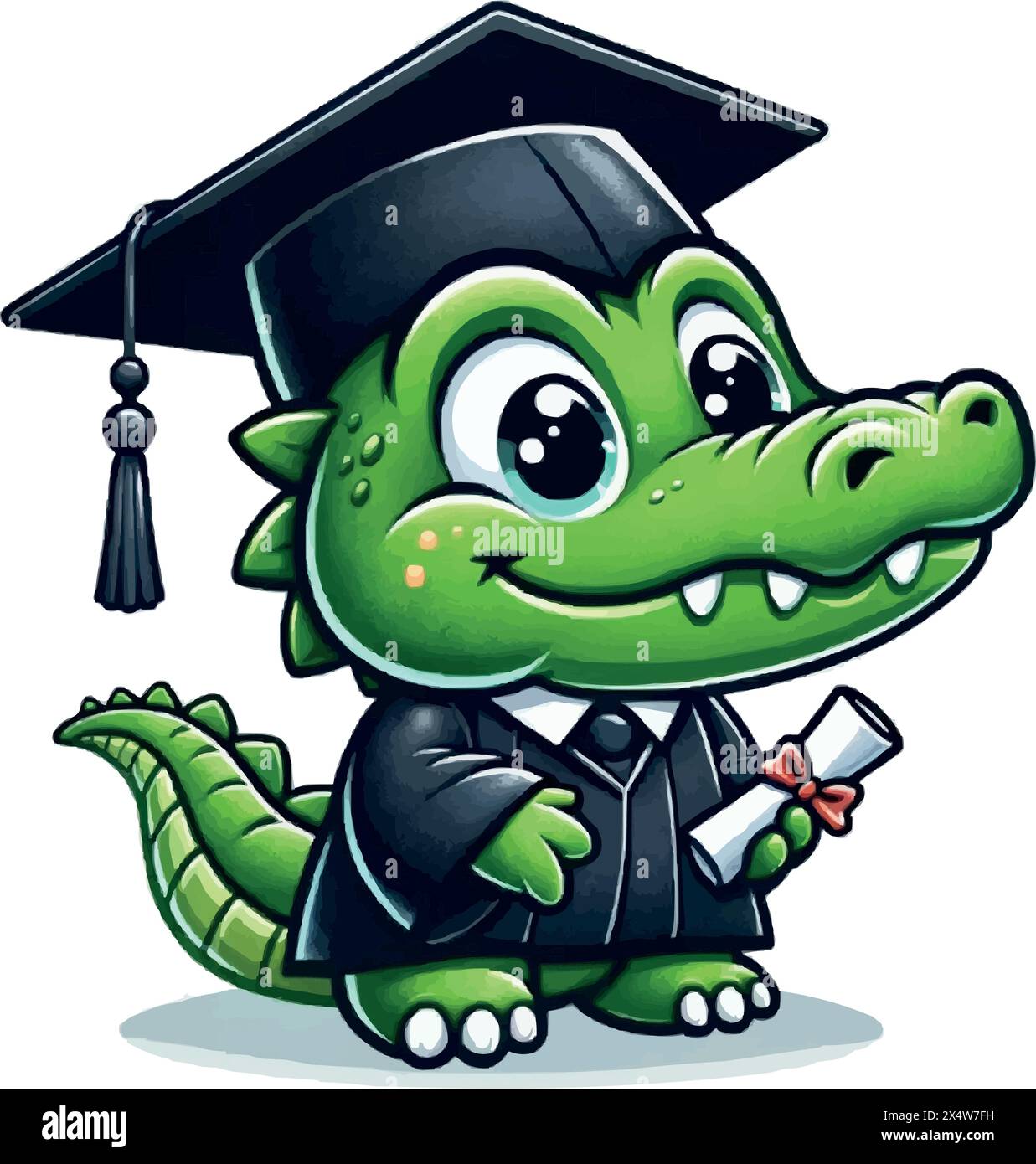 Crocodile de dessin animé serrant un diplôme tout en enfilant une robe noire de graduation et un chapeau. Illustration de Vecteur