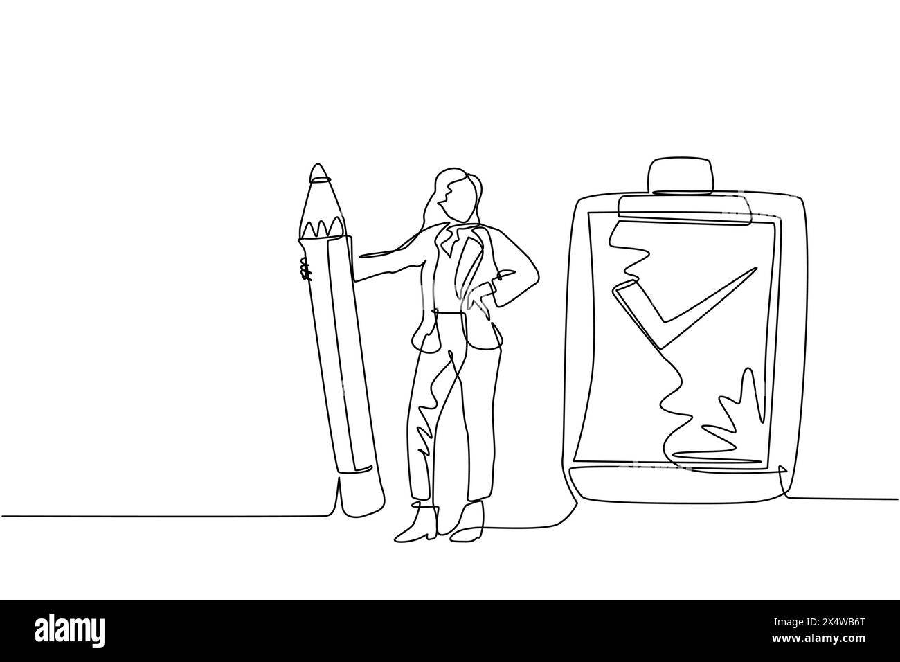 Dessin de ligne continue simple femme d'affaires souriante heureuse avec crayon, presse-papiers, liste de contrôle terminée. Concept de plan de réussite commerciale terminé. Un l Illustration de Vecteur