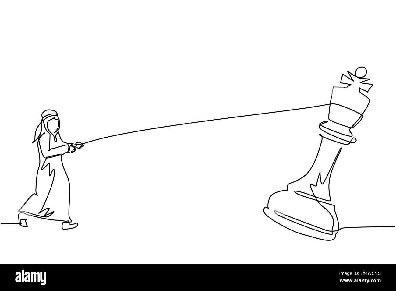 Ligne continue unique dessinant homme d'affaires arabe tirant le grand roi des échecs avec la corde. Objectif de réalisation de l'entreprise, stratégie, concurrence, concept stratégique. Illustration de Vecteur
