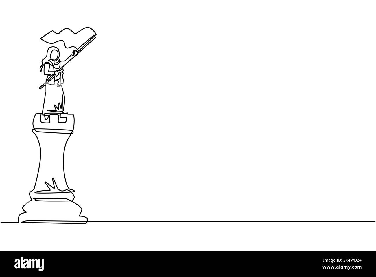 Ligne continue unique dessinant femme d'affaires arabe debout sur le dessus de la grande tour d'échecs et agitant un drapeau. Concept de réussite de leader. Affaires prospères Illustration de Vecteur