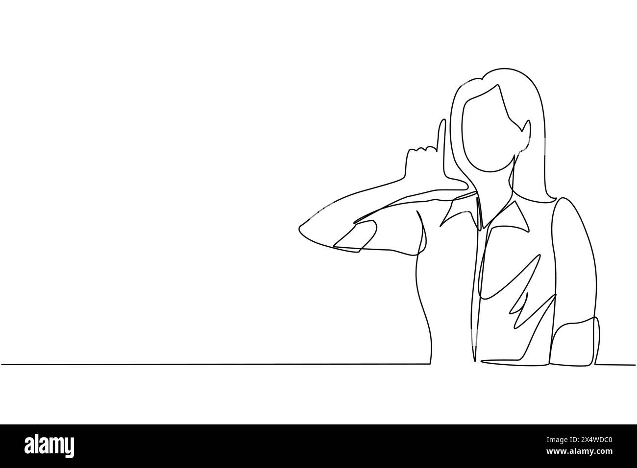 Simple une ligne dessinant femme malheureuse montrant le signe du perdant sur le front avec les doigts. Personne tendance stressée faisant des gestes de la main sur la tête. Femelle fabriquant « l » Illustration de Vecteur