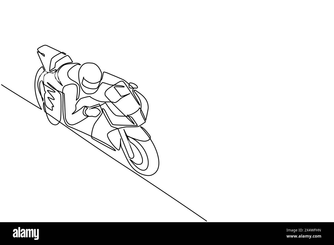 Une seule ligne dessinant le motard portant le casque, la moto de conduite dans la route asphaltée. Jeune homme en combinaison de course et casque assis sur le vélo de sport. Contin Illustration de Vecteur