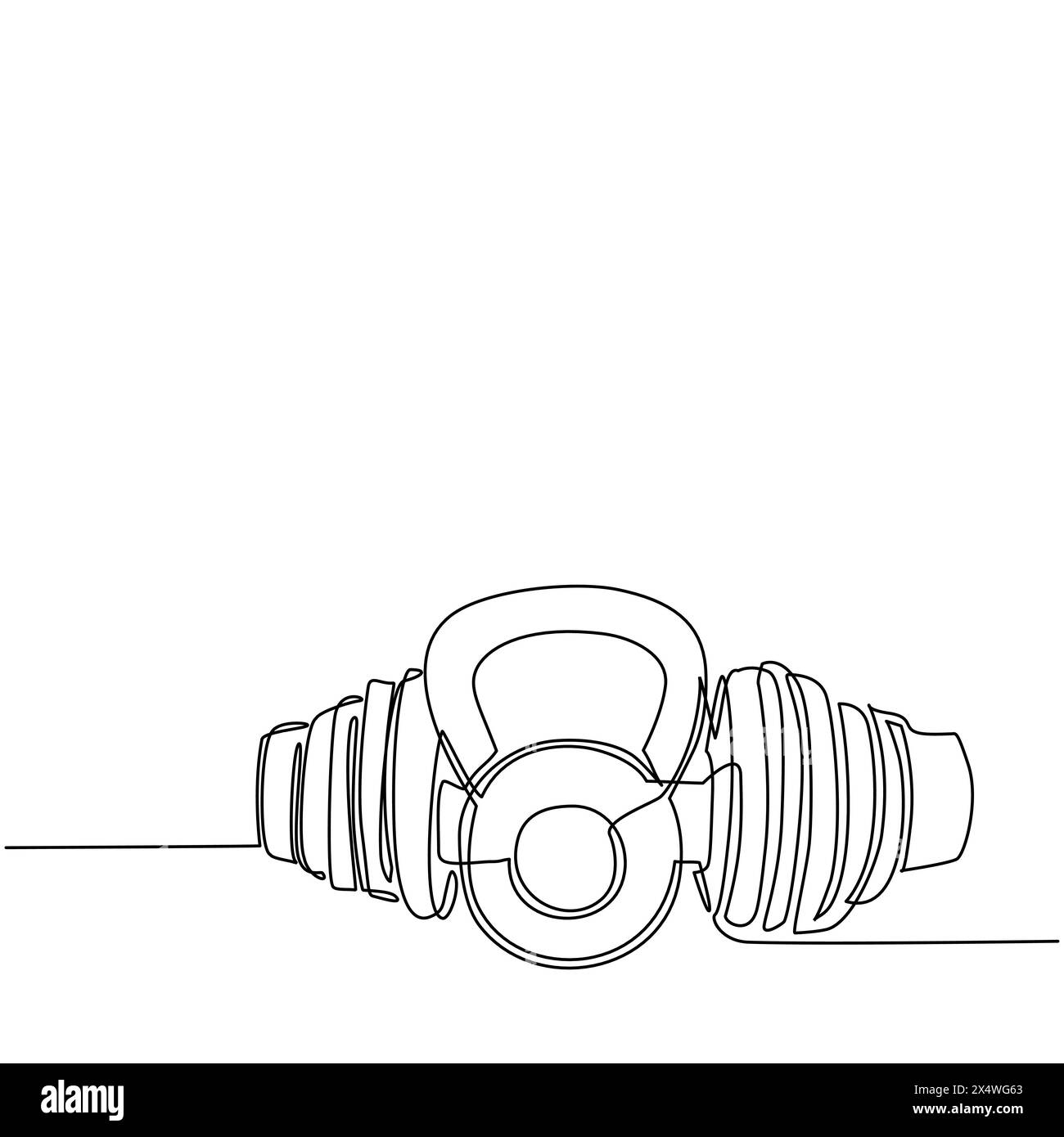 Haltères de dessin de ligne continue simple et icône vectorielle kettlebell définie sur fond blanc pour les éléments de gymnastique ou de fitness. Poids, barre, haltère. Activé Illustration de Vecteur