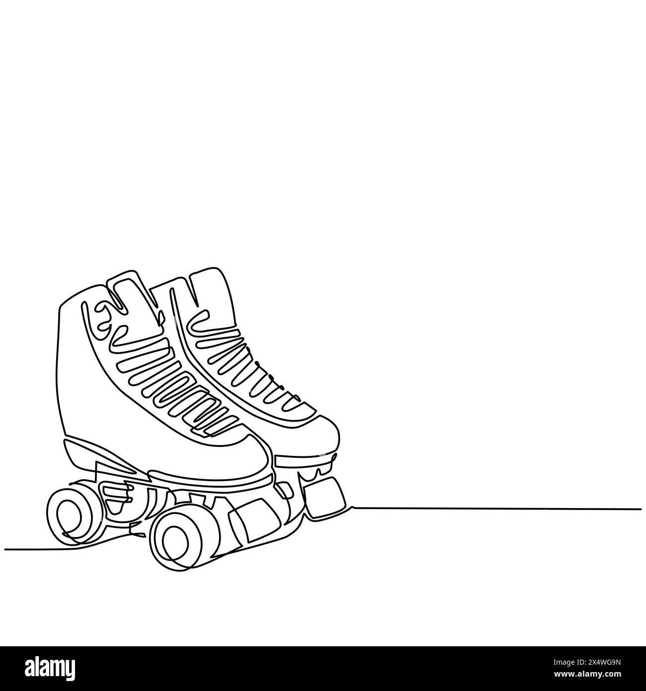 Paire de dessin de ligne continue simple de vintage, rétro quad roller skates symbole de logo. Paire de patins à roulettes quad de style croquis avec lacets blancs. O Illustration de Vecteur