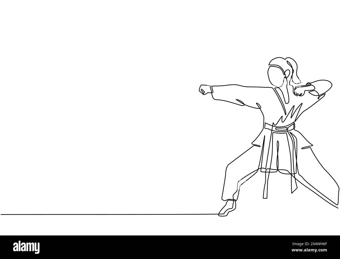 Continu une ligne dessinant jeune femme de karateka confiante en kimono pratiquant le combat de punch de karaté au centre de gymnastique dojo. Maîtriser le sport d'art martial co Illustration de Vecteur