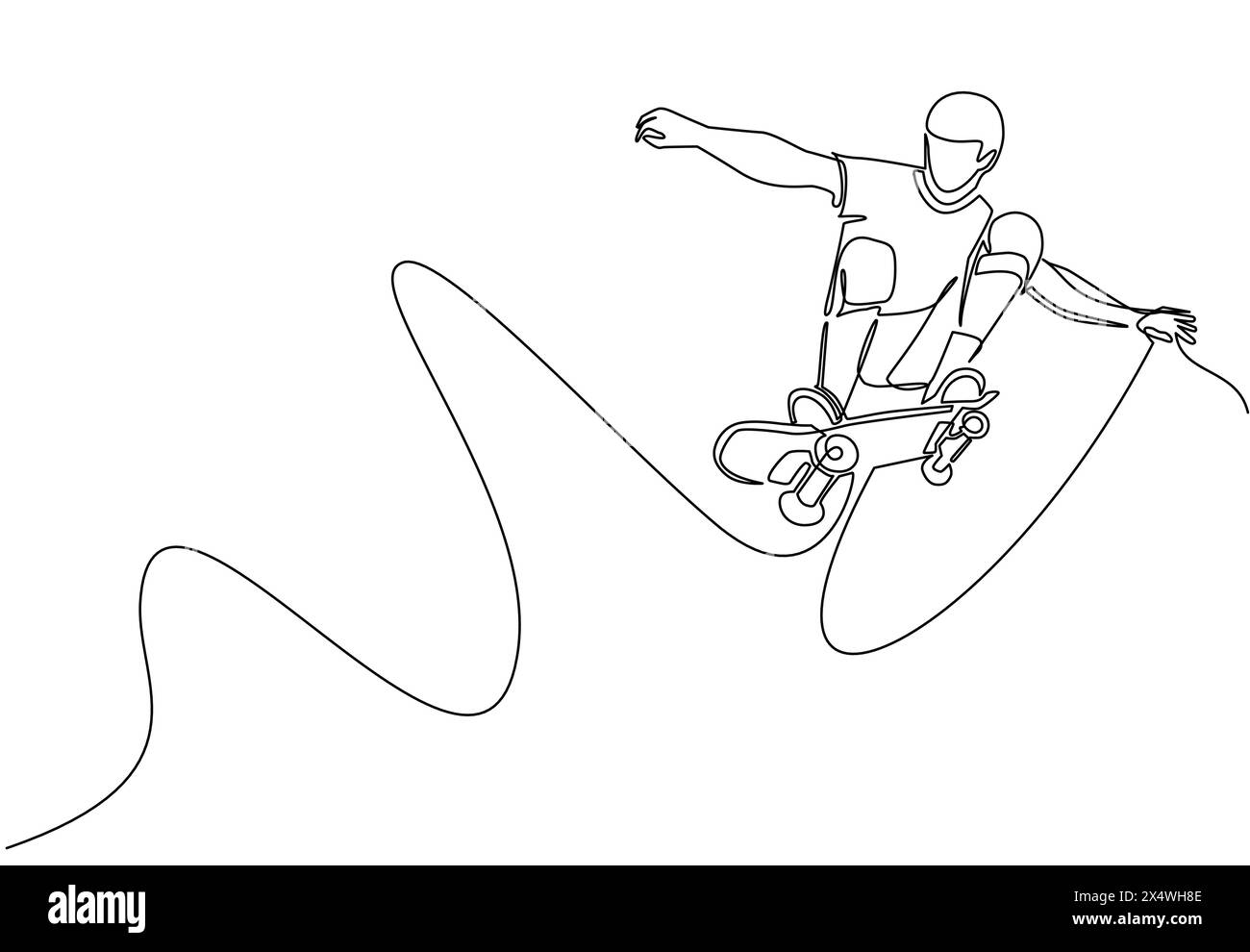Simple une ligne dessinant jeune homme de skateboarder cool chevauchant le skateboard et faisant un tour de saut dans le skate Park. Sport extrême des adolescents. Une vie sportive saine Illustration de Vecteur