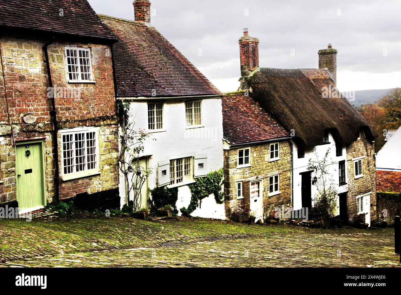 La vue sur Gold Hill, la rue pavée escarpée de Shaftesbury, Dorset utilisée pour la publicité Hovis des années 1970, peut-être l’une des plus nostalgiques d’Angleterre Banque D'Images