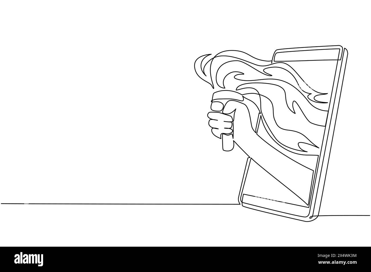 Lampe torche à main à dessin simple à une ligne par téléphone portable. Concept de jeux mobiles, e-sport, application de divertissement pour smartphones. Continuo Illustration de Vecteur