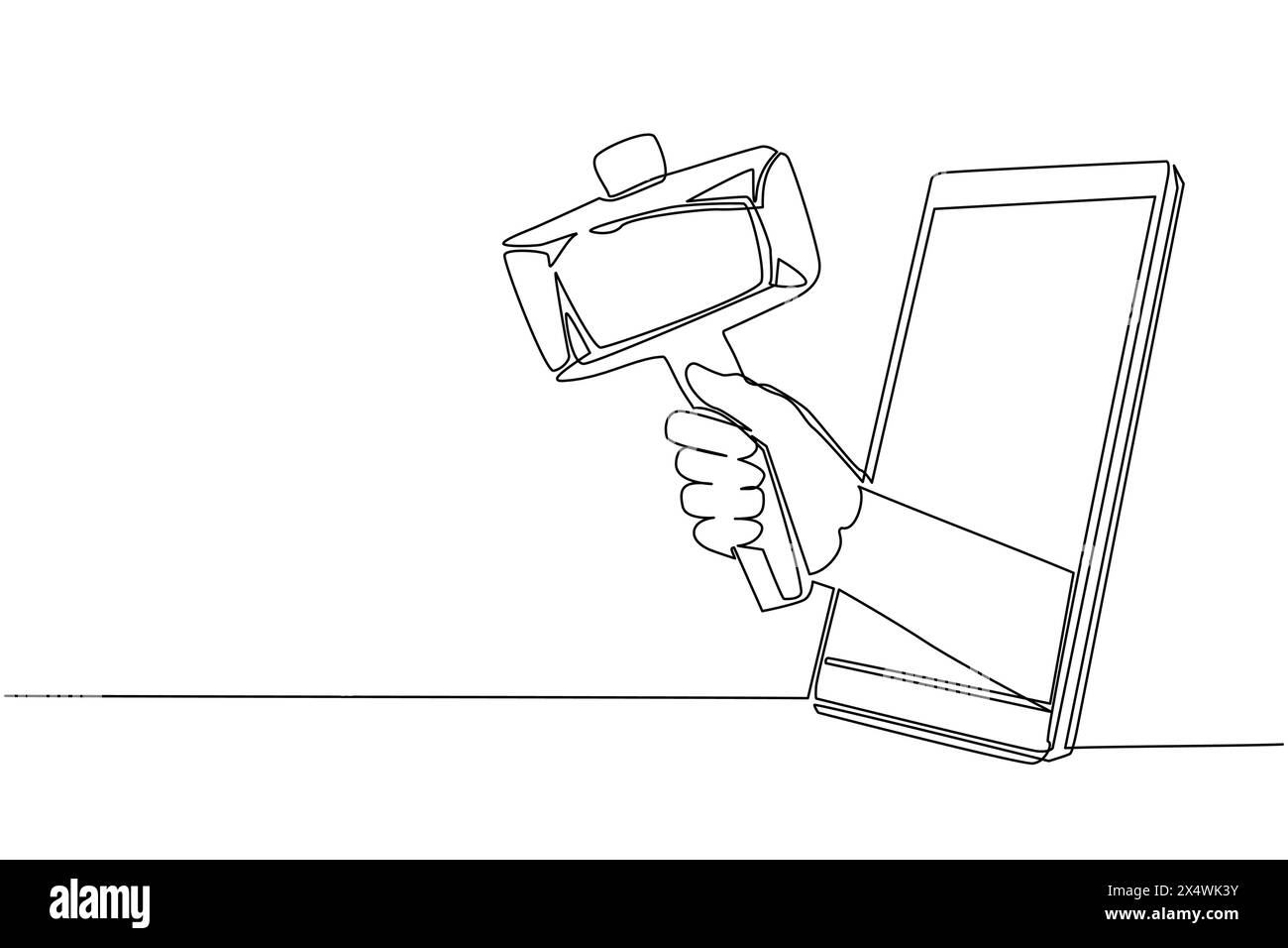 Main de dessin continue d'une ligne tenant le marteau de pierre préhistorique par téléphone portable. Concept de jeux mobiles, e-sport, application de divertissement fo Illustration de Vecteur
