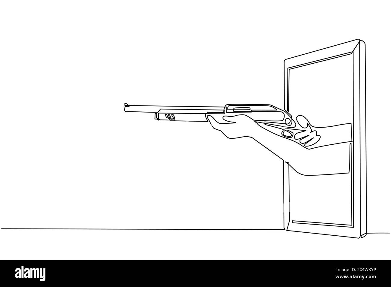 Main de dessin d'une seule ligne tenant un fusil de chasse par téléphone portable. Concept de jeux vidéo de chasse, e-sport, application de divertissement pour smartphones. Illustration de Vecteur