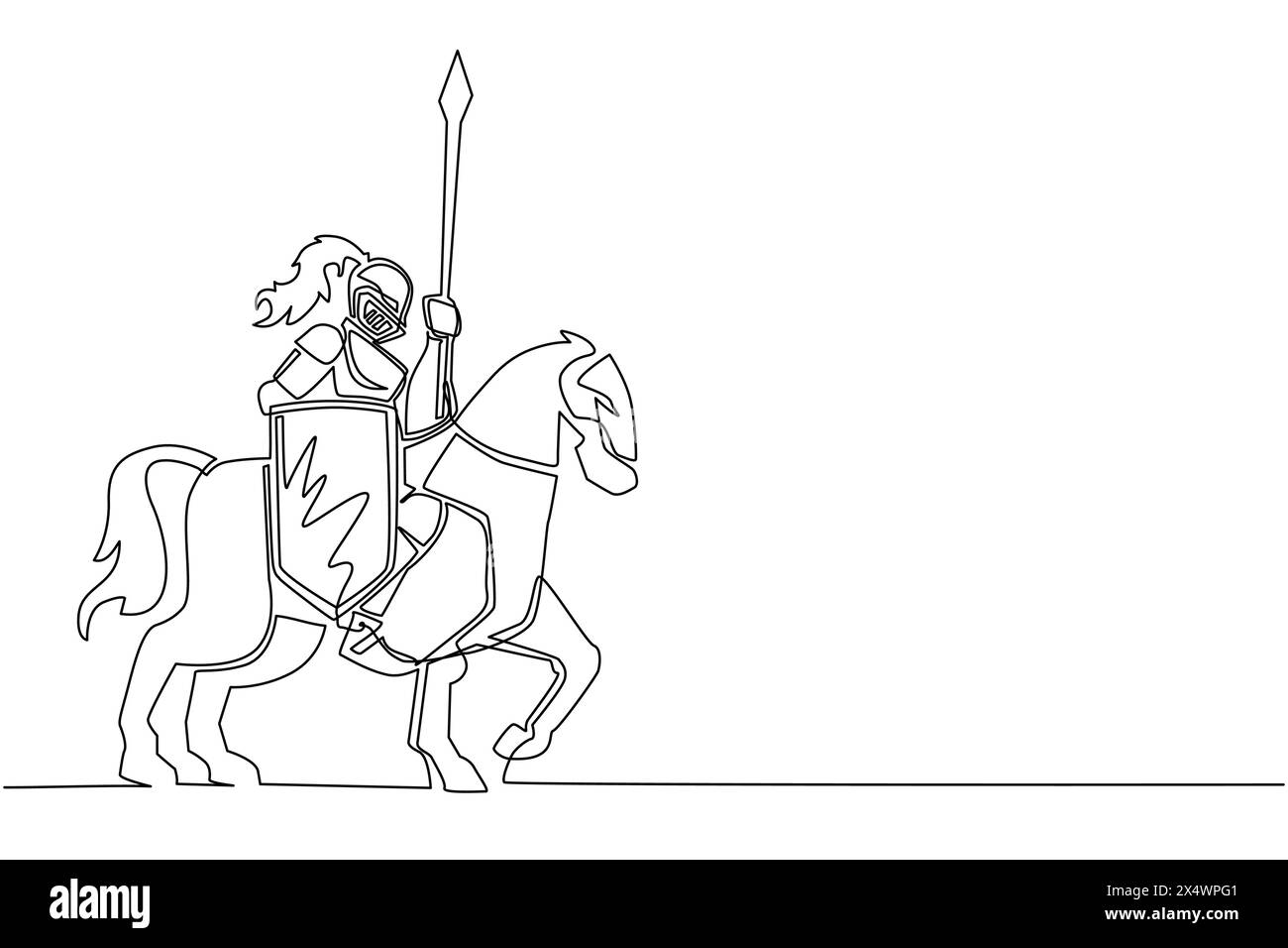 Une seule ligne dessinant chevalier armé médiéval à cheval. Ancien caractère militaire historique. Prince avec lance et bouclier. Ancien combattant. Suite Illustration de Vecteur