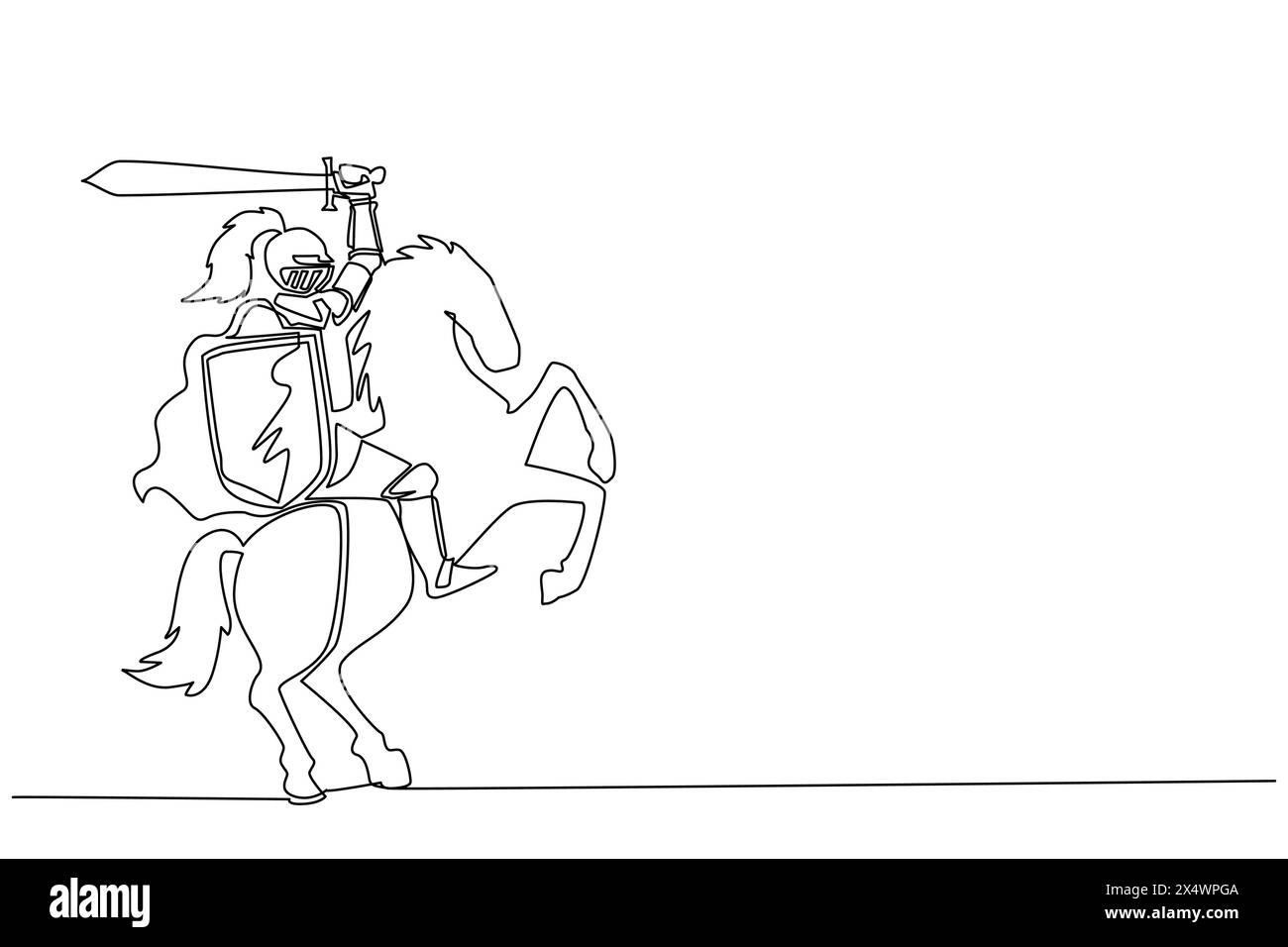 Ligne continue unique dessinant chevalier armé médiéval cheval d'équitation. Ancien caractère militaire historique. Prince avec épée et bouclier. Ancien combattant Illustration de Vecteur