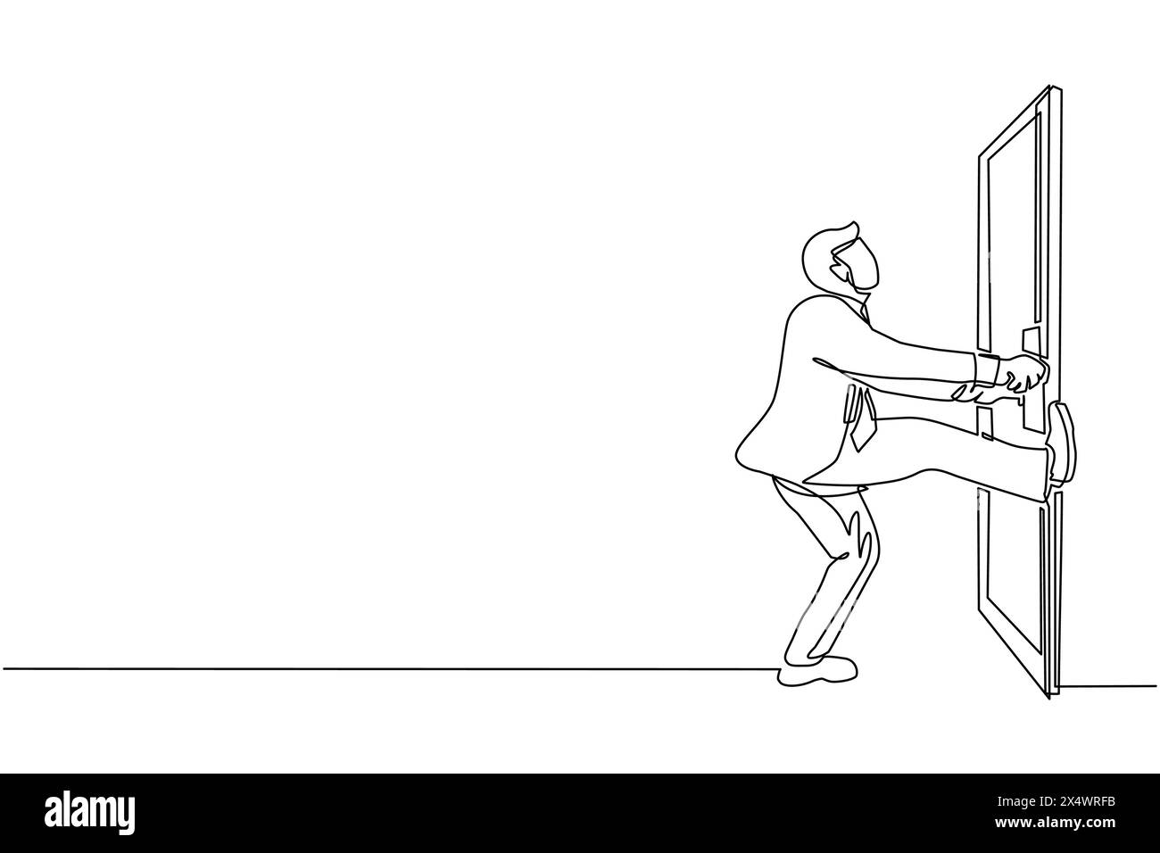 Simple ligne continue dessinant homme d'affaires tirant le bouton de porte fermé avec la puissance. Les difficultés commerciales. La force du succès. Ouverture des portes fermées. Dynami Illustration de Vecteur