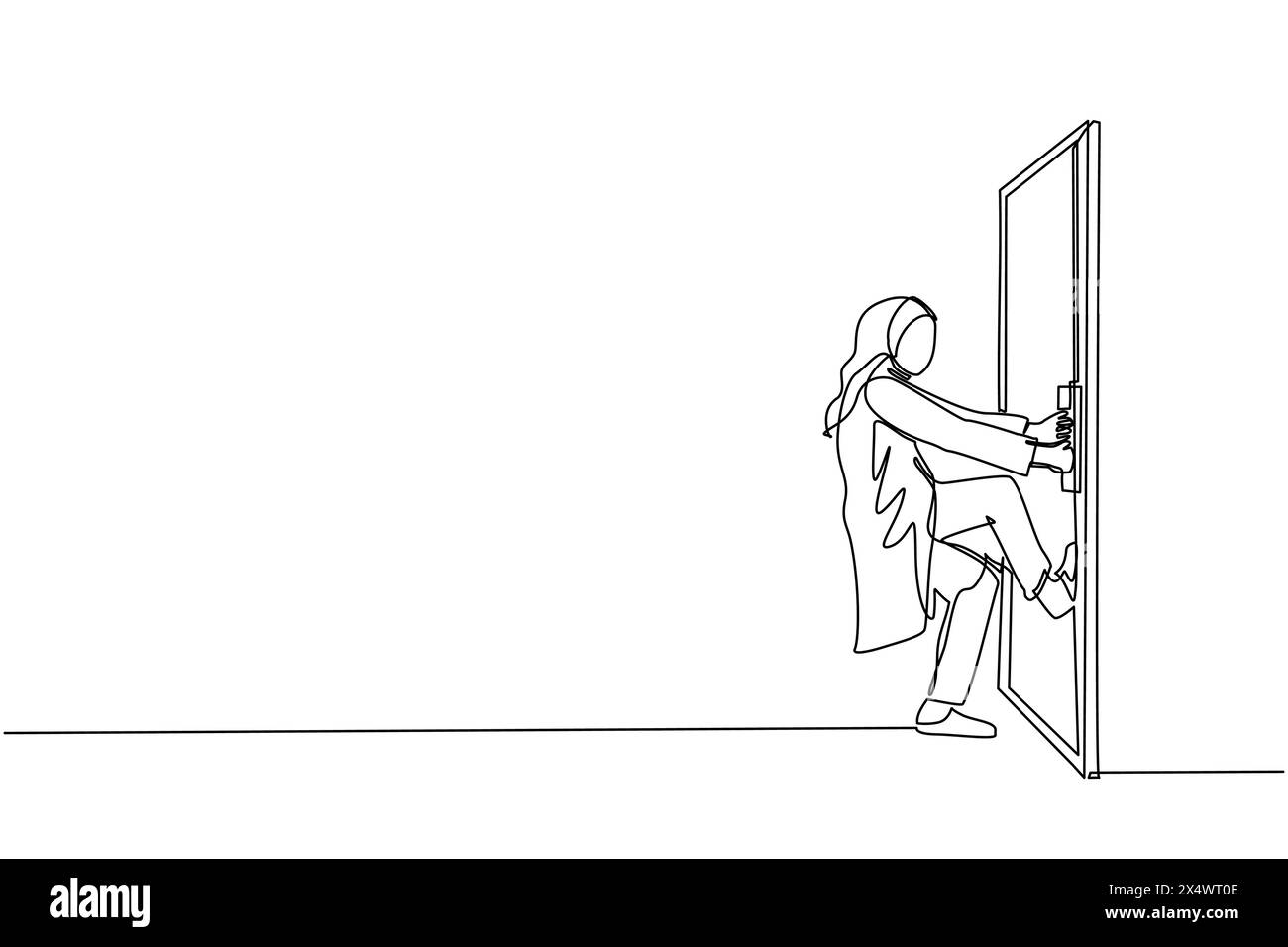 Continue d'une ligne dessinant femme d'affaires arabe tirant bouton de porte fermé avec puissance. Lutte commerciale. La force du succès. Ouverture de la porte fermée. S Illustration de Vecteur