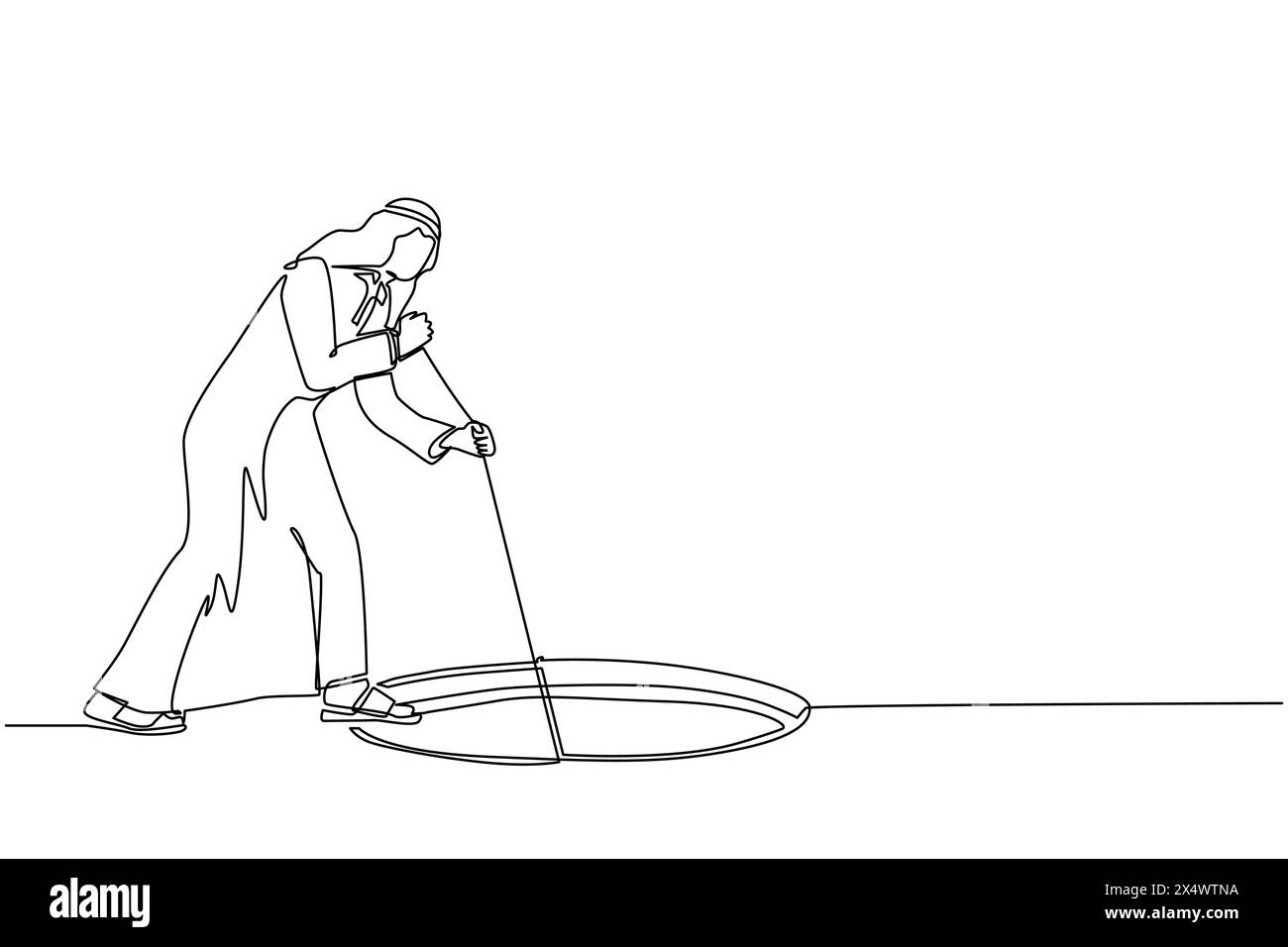 Simple une ligne dessinant homme d'affaires arabe étirer la corde dans le trou. Homme se demandant et regardant grand trou, concept d'affaires dans l'opportunité, explorati Illustration de Vecteur