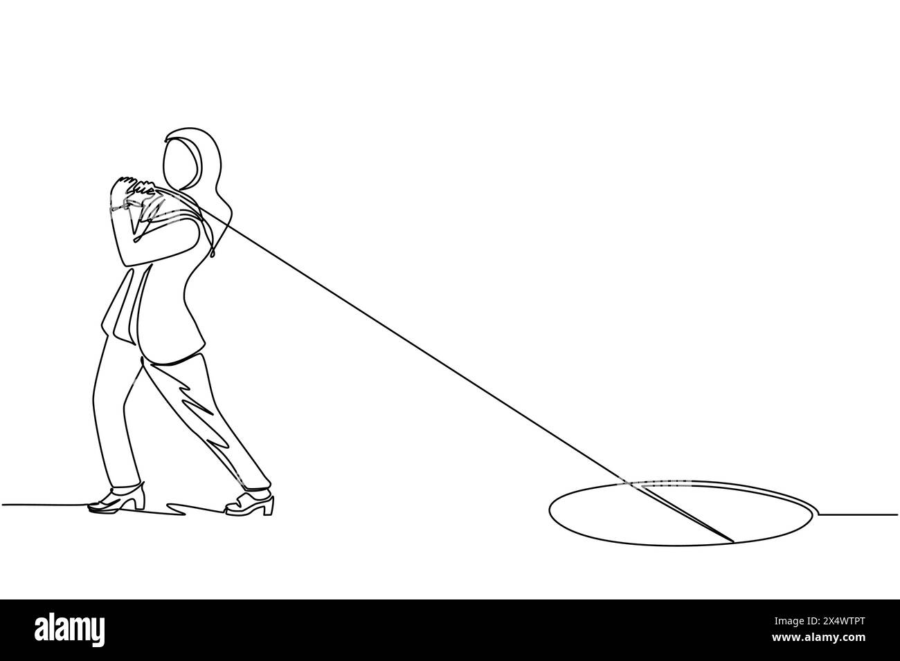 Ligne continue unique dessinant femme d'affaires arabe essayant dur tirant la corde pour faire glisser quelque chose du trou, métaphore à faire face à un grand problème. Business St Illustration de Vecteur