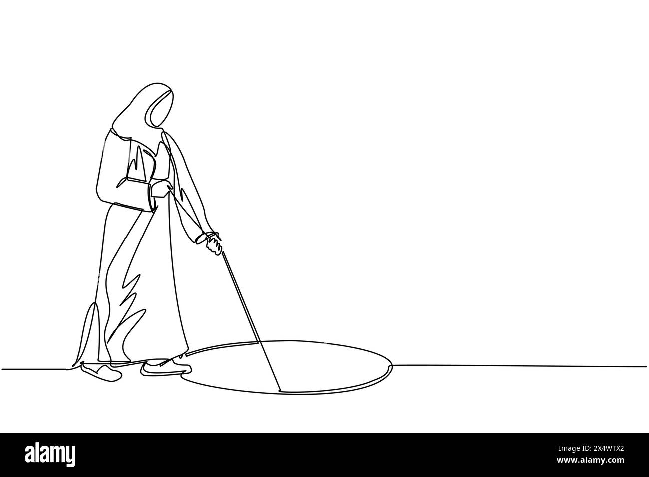 Continue d'une ligne dessinant une femme d'affaires arabe étirer la corde dans le trou. Femme se demandant, regardant le grand trou, concept d'affaires dans l'opportunité, expl Illustration de Vecteur