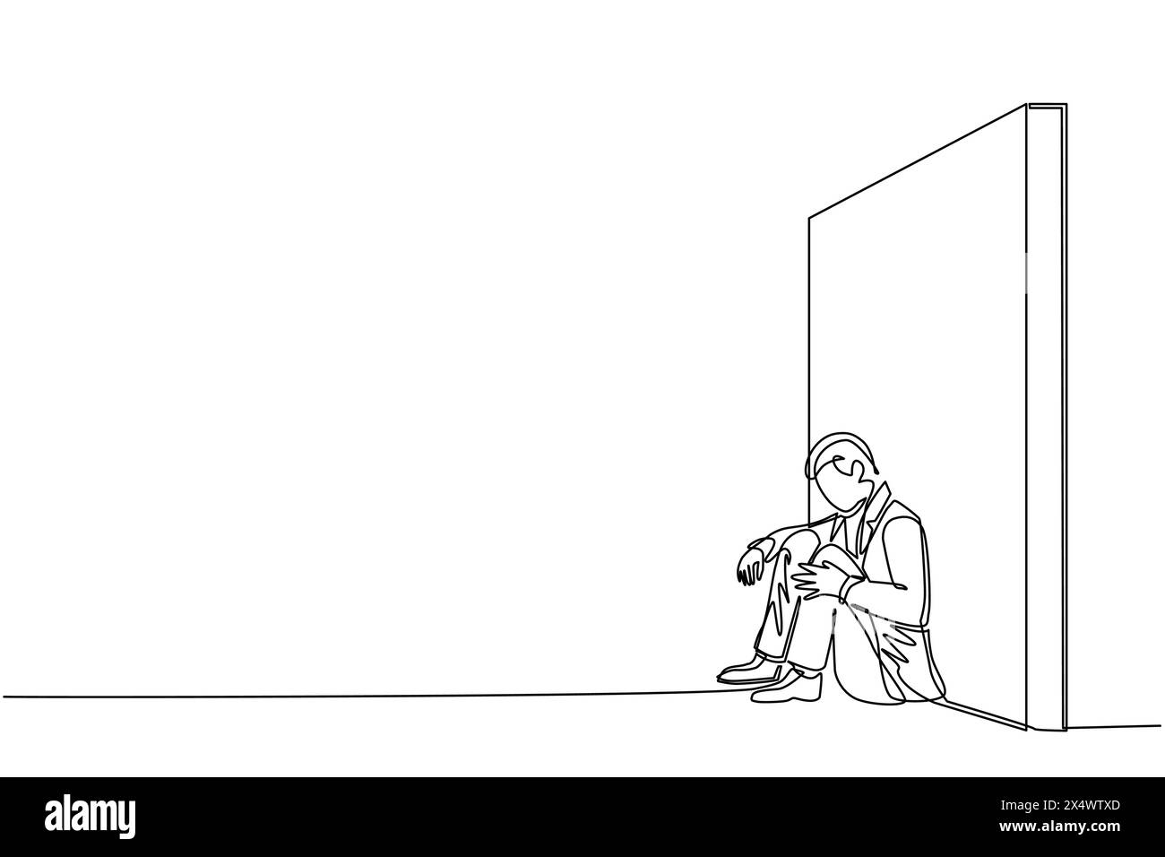 Simple dessin de ligne continue bouleversé homme d'affaires assis sur le sol et appuyé contre le mur. Concept d'entreprise en échec, triste, solitaire, faillite ou n Illustration de Vecteur