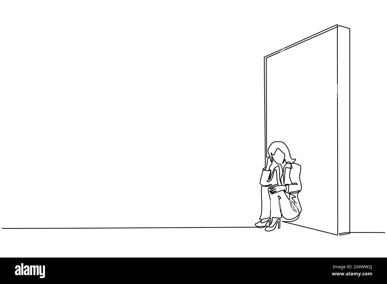 Une ligne continue dessinant bouleversait la femme d'affaires assise sur le sol et appuyée contre le mur. Concept d'entreprise en échec, triste, solitaire, faillite ou ne Illustration de Vecteur