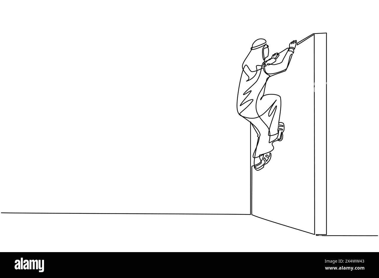 Simple une ligne dessinant homme d'affaires arabe grimper le mur d'obstacle, résoudre le problème. Concept d'entreprise, métaphore d'équipe. Homme d'affaires leader prospère. C Illustration de Vecteur