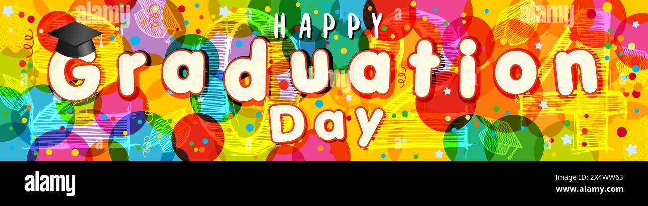 Joyeuse journée de graduation 2024 bannière colorée festive. Icône de toile horizontale. Fond coloré avec confettis et masque de coupe. Conception 3D. Décoration de bal Illustration de Vecteur