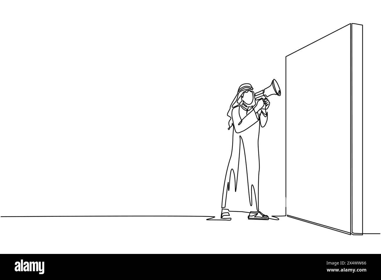Ligne continue unique dessinant homme d'affaires arabe tenant le mégaphone debout devant le mur. L'homme crie sur le mégaphone. Le leader annonce une promotion de carrière Illustration de Vecteur