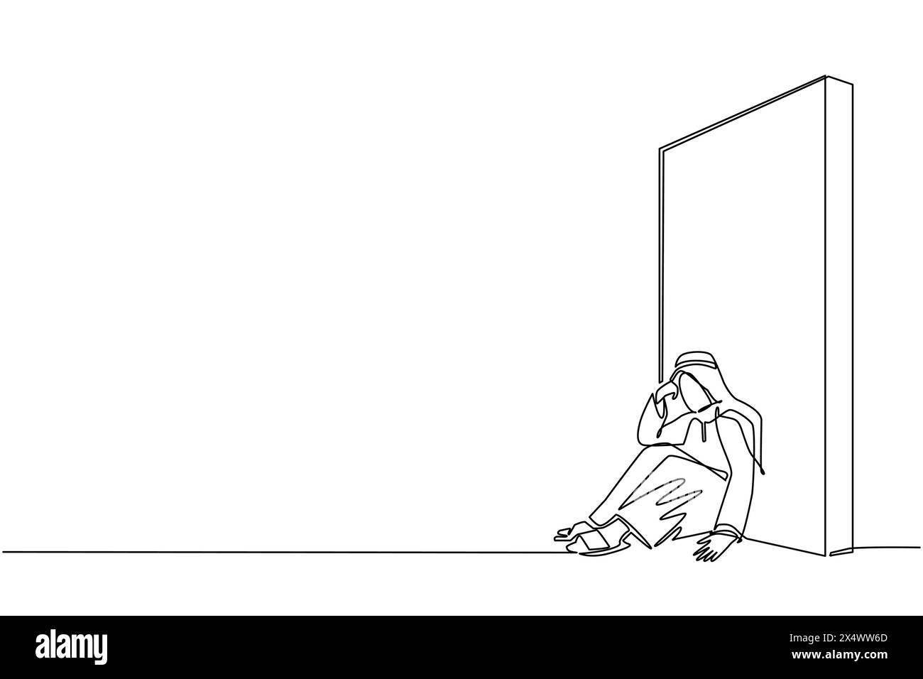 Un dessin de ligne continue a bouleversé l'homme d'affaires arabe assis sur le sol et appuyé contre le mur. Concept d'entreprise en échec, triste, solitaire, faillite o Illustration de Vecteur