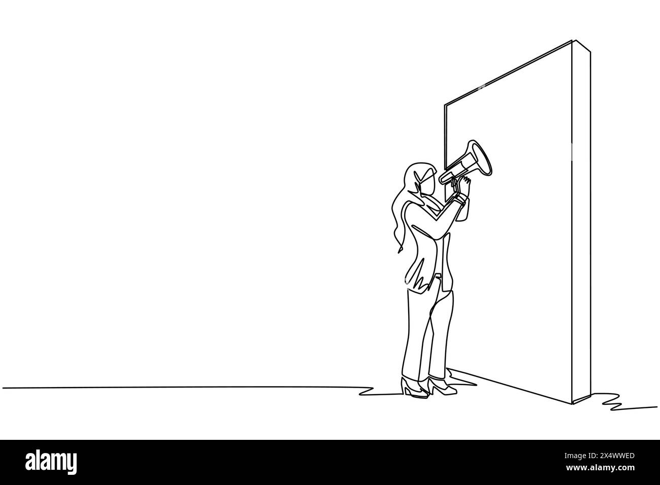 Continue d'une ligne dessinant femme d'affaires arabe tenant le mégaphone debout devant le mur. Une femme crie sur le mégaphone. Le leader annonce le bal de carrière Illustration de Vecteur