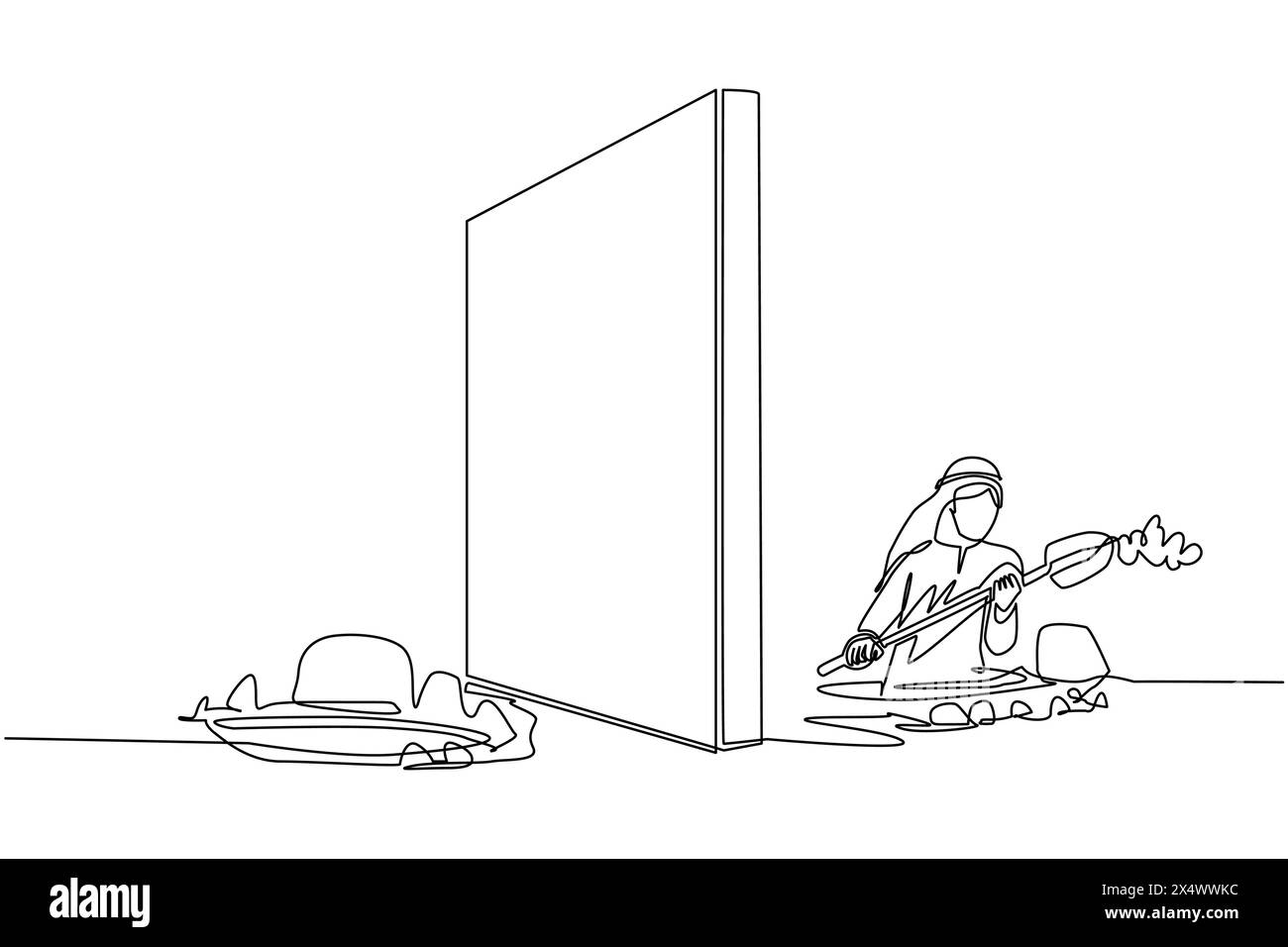 Simple une ligne dessinant homme d'affaires arabe creusant un tunnel sous un mur ou un obstacle sur la frontière ou sur la voie du succès. Démarrer de nouvelles affaires pour atteindre l'objectif Illustration de Vecteur