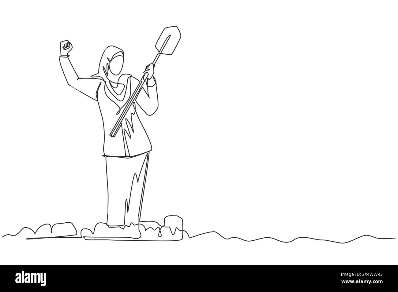 Simple une ligne dessinant femme d'affaires arabe debout et tenant la pelle sur un sol creusé. Femme avec l'expression excitée trouver des trésors dans la saleté. Successf Illustration de Vecteur