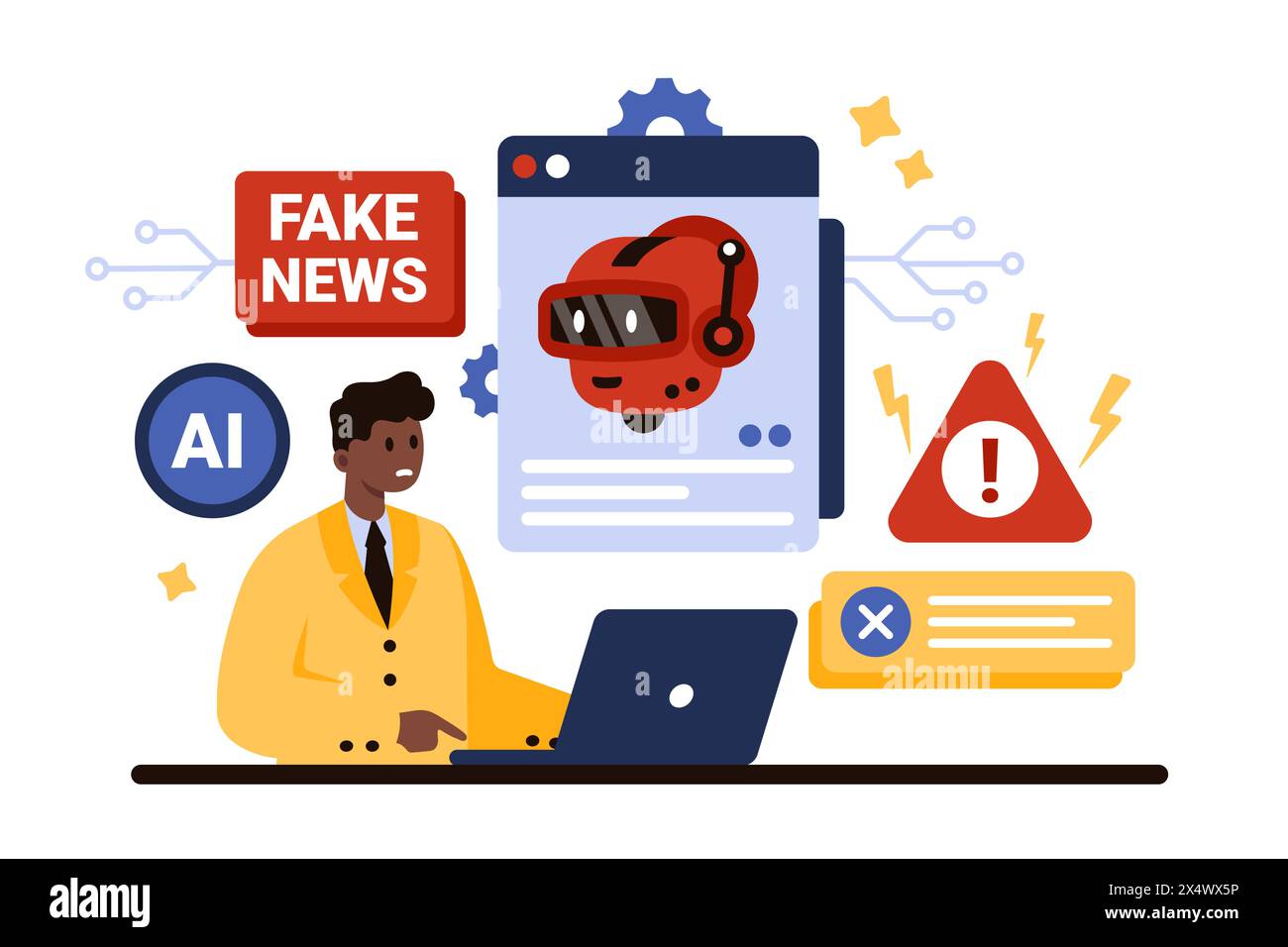 Deep Fake, arrêtez la technologie IA pour les médias sociaux, les nouvelles télévisées. Homme minuscule avec des messages d'avertissement, des signes sur les mensonges de l'intelligence artificielle, visage de robot sur l'illustration vectorielle de dessin animé de fenêtre de logiciel Illustration de Vecteur