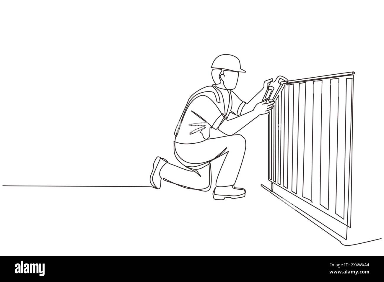 Ligne continue unique dessin plombier réparation et installation de batteries. Réparateur fixant les tuyaux dans le radiateur de batterie de chauffage. Réparation, entretien pr Illustration de Vecteur
