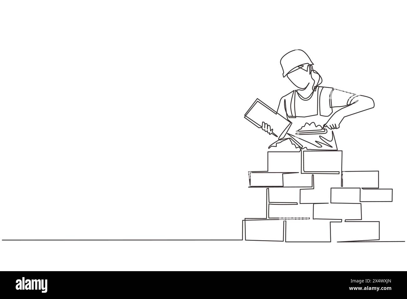 Mur de briques de construction de réparatrice à une ligne en continu. Travailleur de la construction en uniforme et casque effectuant des travaux. Concept de constructeur. Service de réparation Illustration de Vecteur