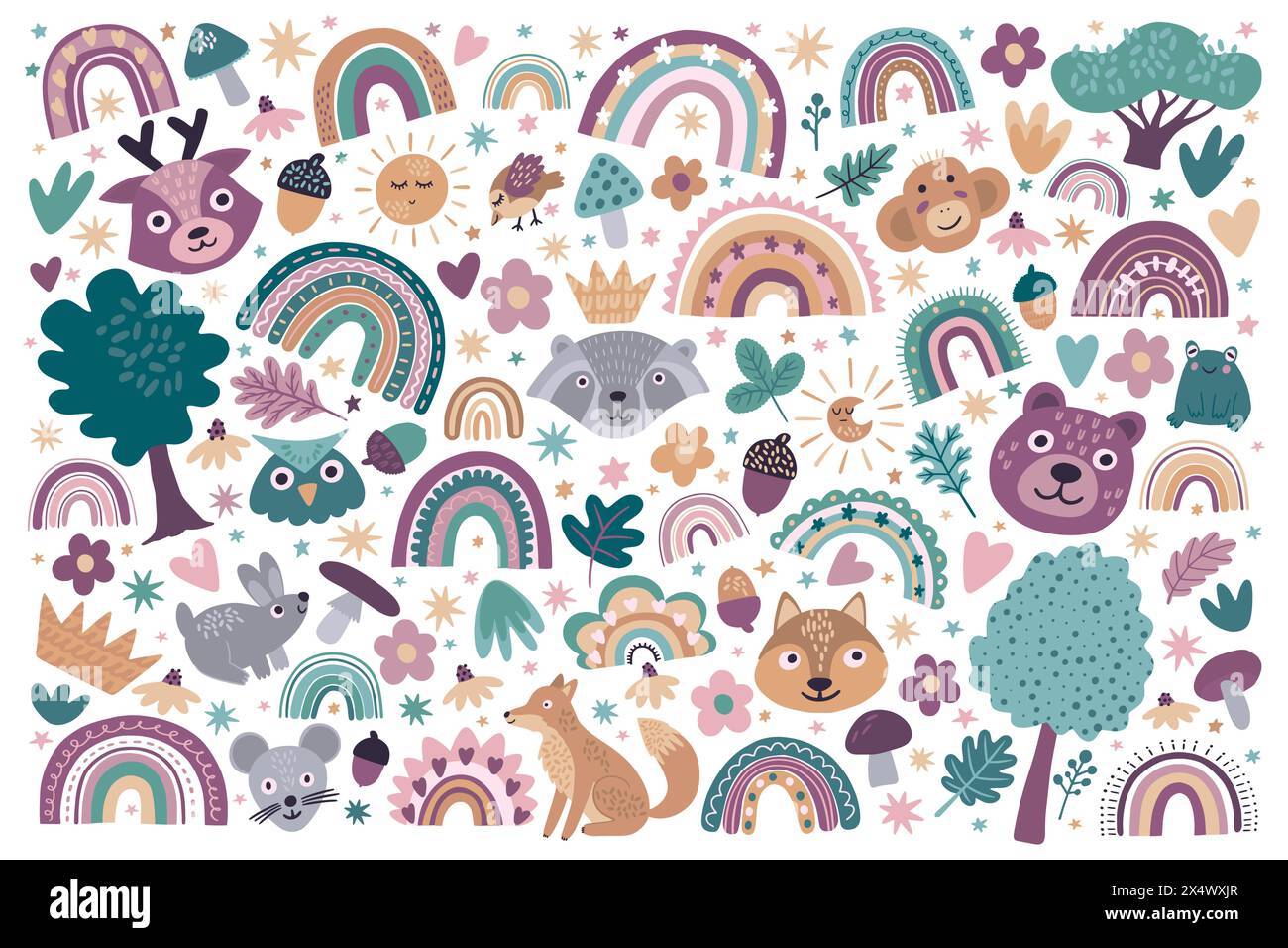 Motif animal. Éléments de doodle de carte d'enfant, conception arc-en-ciel d'enfant pour la pépinière, papier peint d'anniversaire de doodle mignon pour enfants. Arbres forestiers. Illustration isolée de style plat de dessin animé. Ensemble enfantin mignon de vecteur Illustration de Vecteur