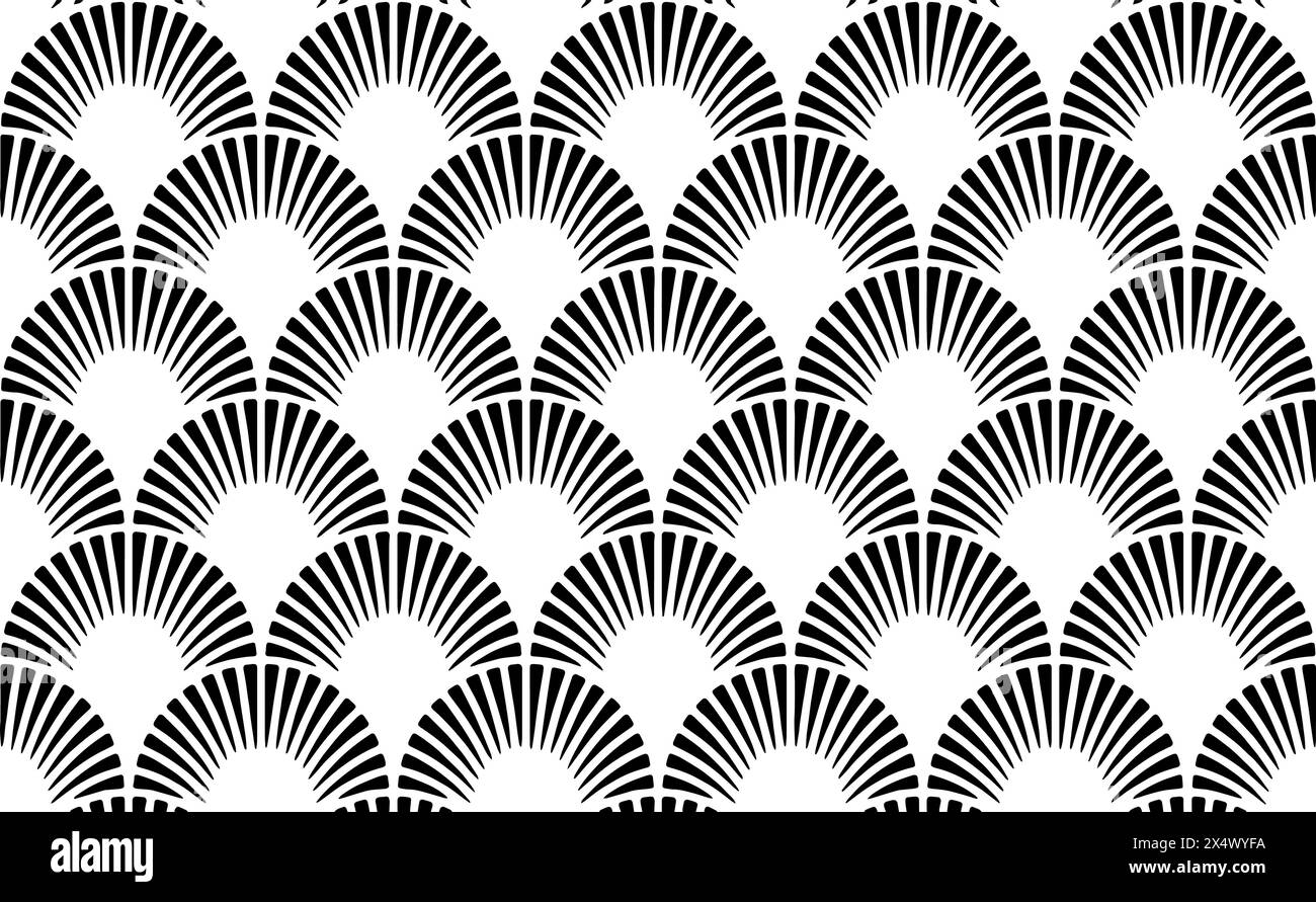 Illustration vectorielle Noir et blanc sans couture organique Floral Sunburst semi Circle Grid Geometric Flower Pattern Arcs dans un style Art déco moderne élégant Illustration de Vecteur