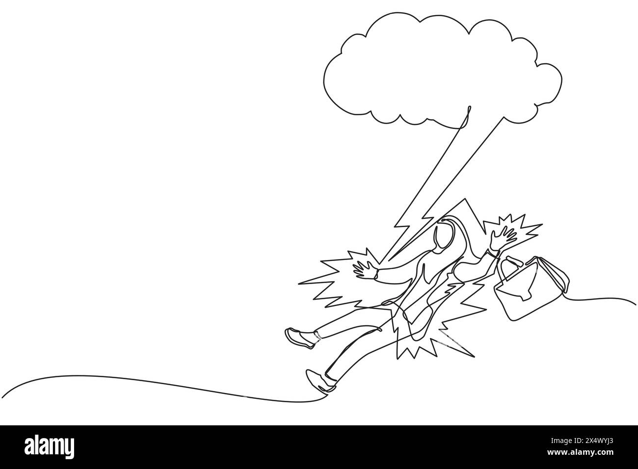 Simple une ligne dessinant homme d'affaires arabe frappé par la foudre ou le tonnerre d'un nuage sombre. Malchance, misère, malheureux, malchanceux, désastre, risque, et d Illustration de Vecteur