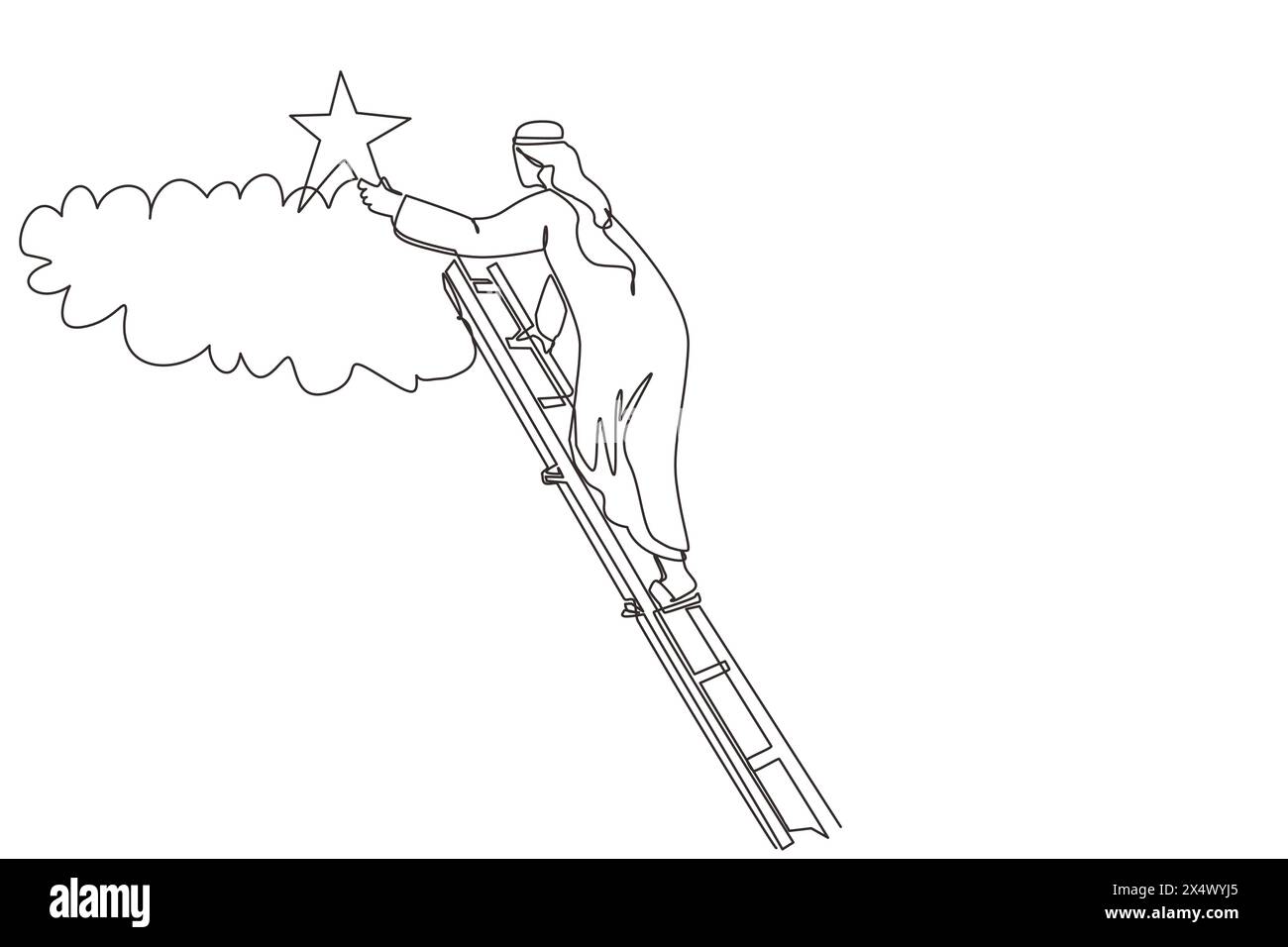 Simple une ligne dessinant l'homme d'affaires arabe se tient debout sur les escaliers et atteint l'étoile sur le ciel. Objectifs et rêves. Affaires, carrière, concept de réalisation. Illustration de Vecteur Simple une ligne dessinant l'homme d'affaires arabe se tient debout sur les escaliers et atteint l'étoile sur le ciel. Objectifs et rêves. Affaires, carrière, concept de réalisation. Illustration de Vecteur