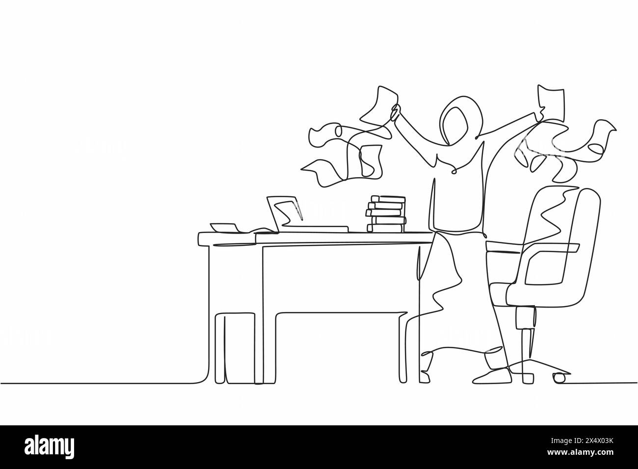 Ligne continue unique dessinant femme d'affaires arabe heureuse, chef d'entreprise ou employé de bureau jetant des documents en l'air, appréciant le succès des affaires tout en si Illustration de Vecteur