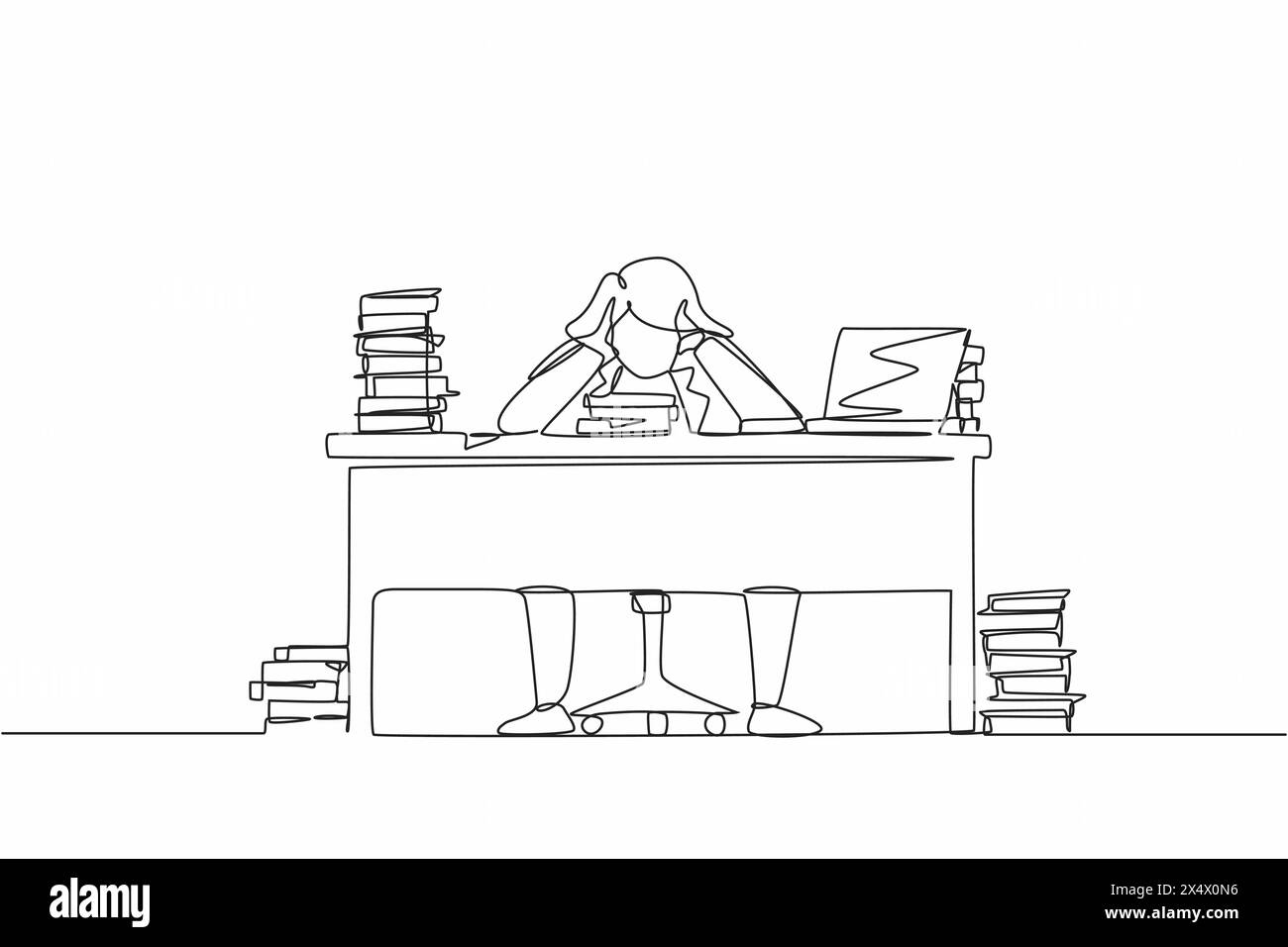 Dessin de ligne continue unique stressé femme d'affaires jetant des tantrum dans le bureau tenant ses mains sur sa tête criant alors qu'elle était assise à un surroun de bureau Illustration de Vecteur